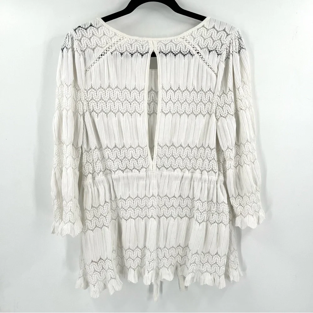 FREE PEOPLE Fire Island Crochet Blouse L Tie Waist Cottage Coquette Boho Top